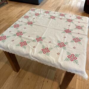 Handmade Tablecloth Christmas Cross Stitch Design Crochet Edge 47.5"x48.5" Linen